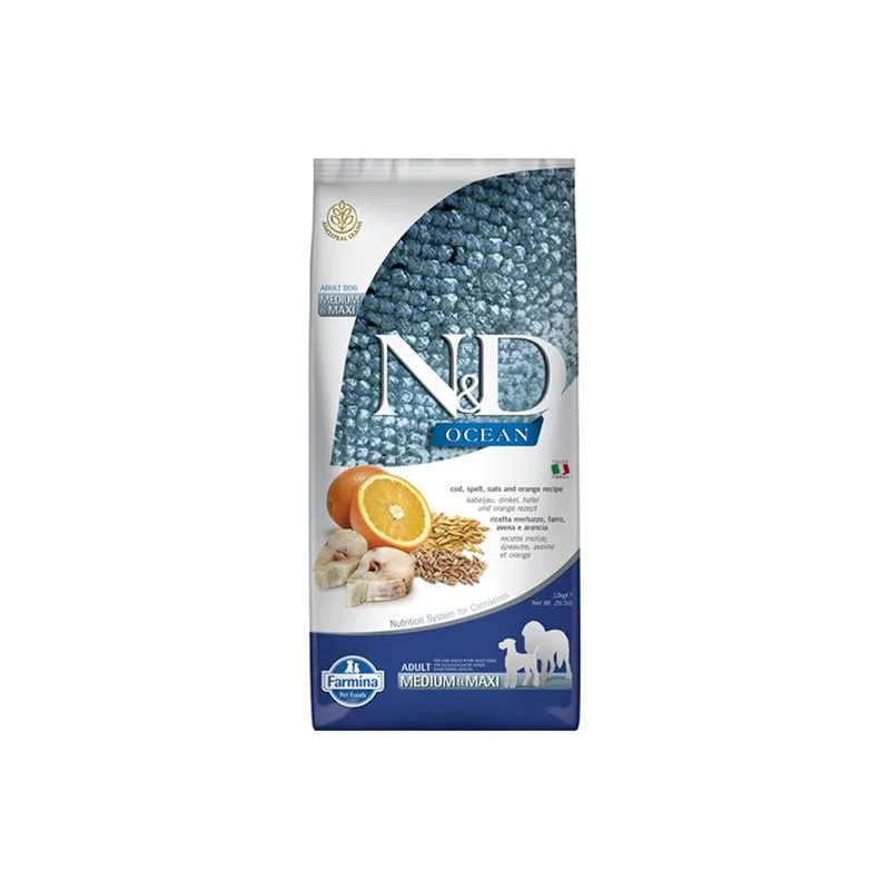 Farmina N&D dog OCEAN (AG) adult medium & maxi, codfish, spelt, oats & orange 12 kg