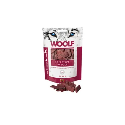 Woolf poslastica za pse – meke trakice s patkom, 100 g