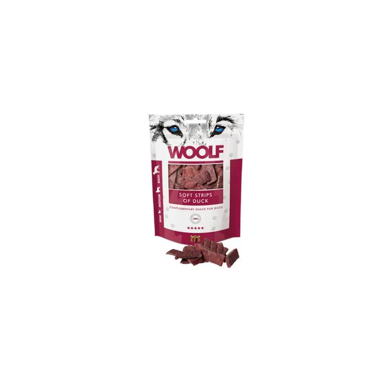 Woolf poslastica za pse – meke trakice s patkom, 100 g