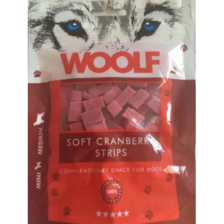 Woolf poslastica za pse – mekane trakice s brusnicom, 100 g
