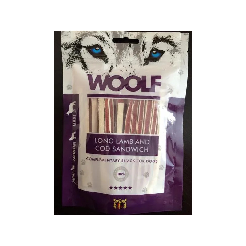 Woolf poslastica za pse – mekani sendvič s janjetinom i bakalarom (dugi oblik), 100 g