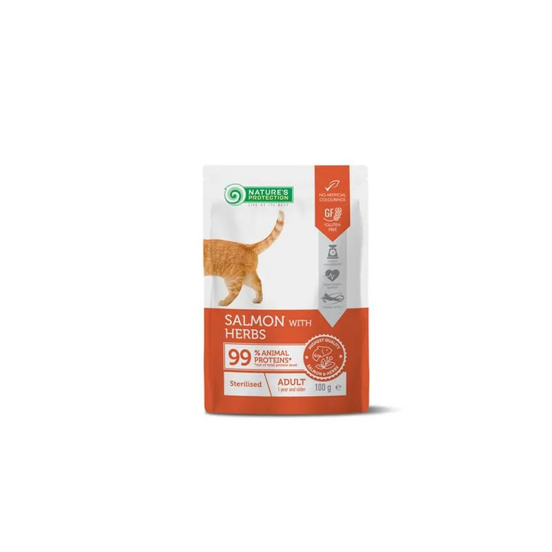 Natures P KAPSIČKY za odrasle sterilizirane mačke losos i začinsko bilje 22 x 100 g