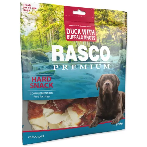 Poslastica Rasco Premium bivolja koža s patkom, čvorovi 5 cm 500 g