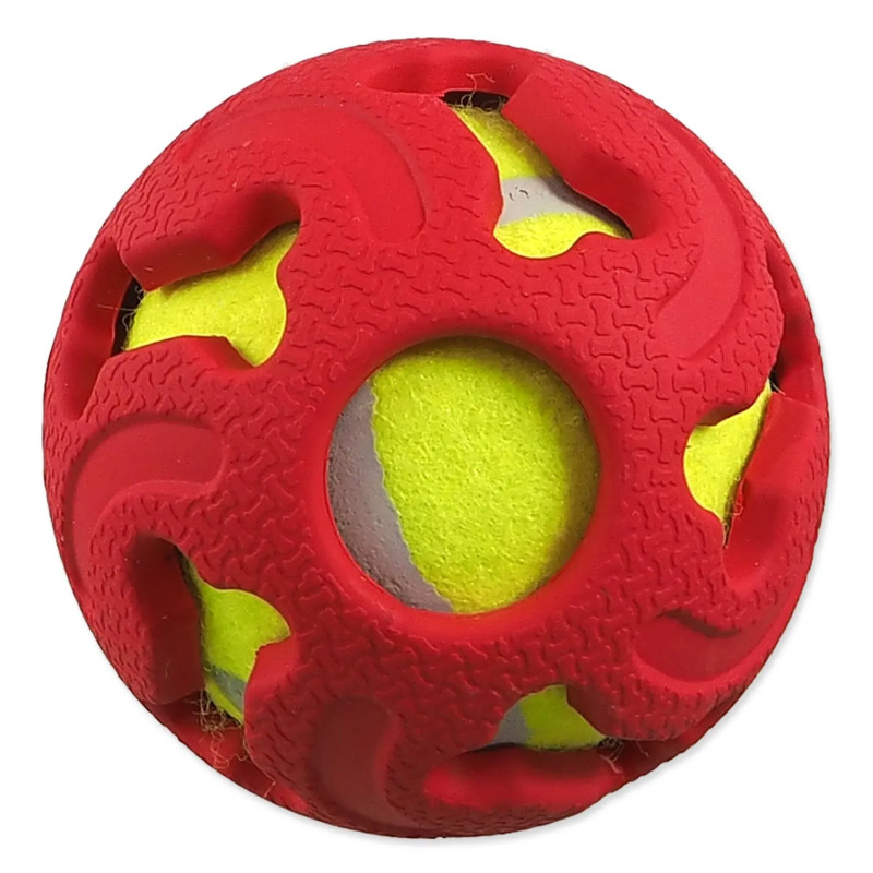 Gumena lopta Dog Fantasy s teniskom lopticom crvena 7,5 cm