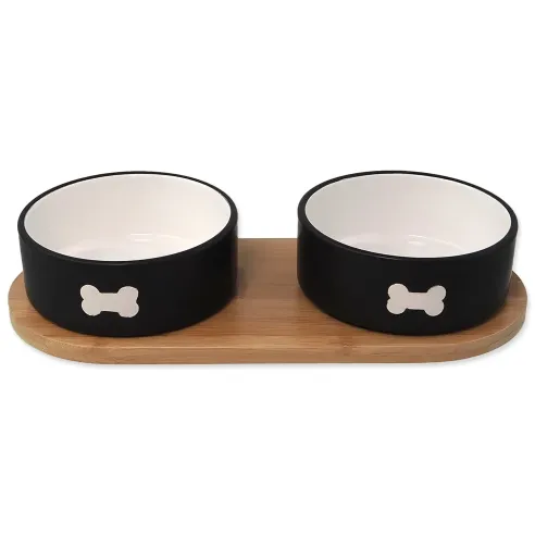 Set keramičkih zdjela Dog Fantasy s podmetačem, crna kost, 2x 13x5,5cm, 400ml