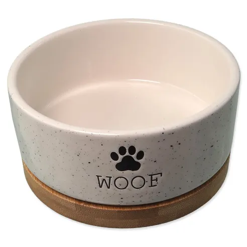 Keramička zdjela za psa Dog Fantasy, bijela WOOF s podloškom 13x5,5cm, 400ml