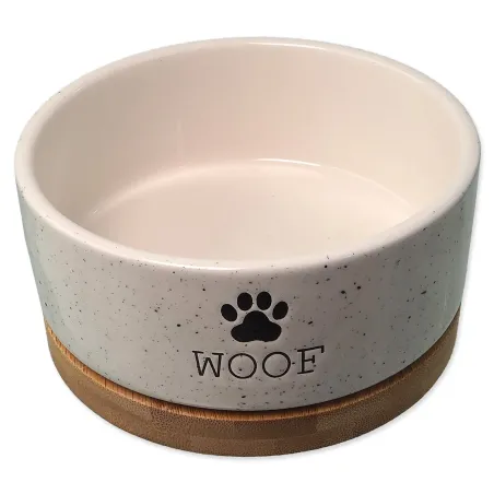 Keramička zdjela za psa Dog Fantasy, bijela WOOF s podloškom 13x5,5cm, 400ml
