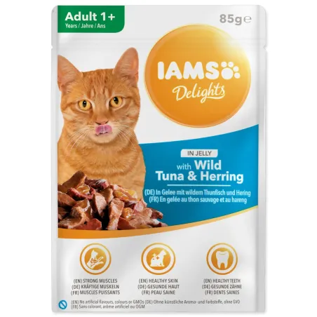 Paketić IAMS Delights Adult tuna i haringa u želeu 85 g