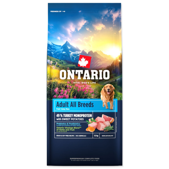 Krmivo Ontario Adult za sve pasmine, monoproteinsko — puretina i slatki krumpir 12 kg
