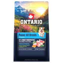 Hrana Ontario Puppy & Junior za sve pasmine, monoproteinska – ćuretina i slatki krumpir 0,75 kg