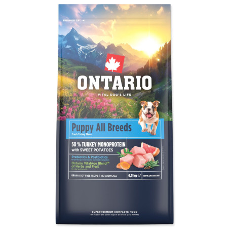 Hrana Ontario Puppy za sve pasmine, monoproteinska – puretina i slatki krumpir 6,5 kg