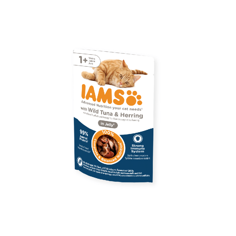 Paketić IAMS Delights Adult tuna i haringa u želeu 85 g