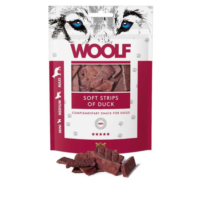 Woolf poslastica za pse – meke trakice s patkom, 100 g